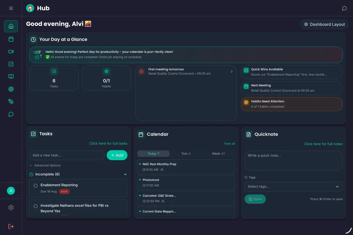 The FloHub web dashboard in dark mode