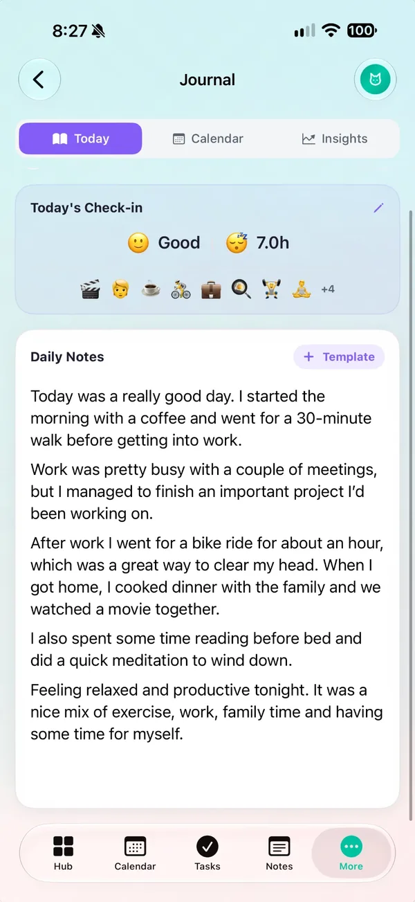 FloHub journal: today's check-in with mood, 7 hours of sleep and activity tags, above the day's notes
