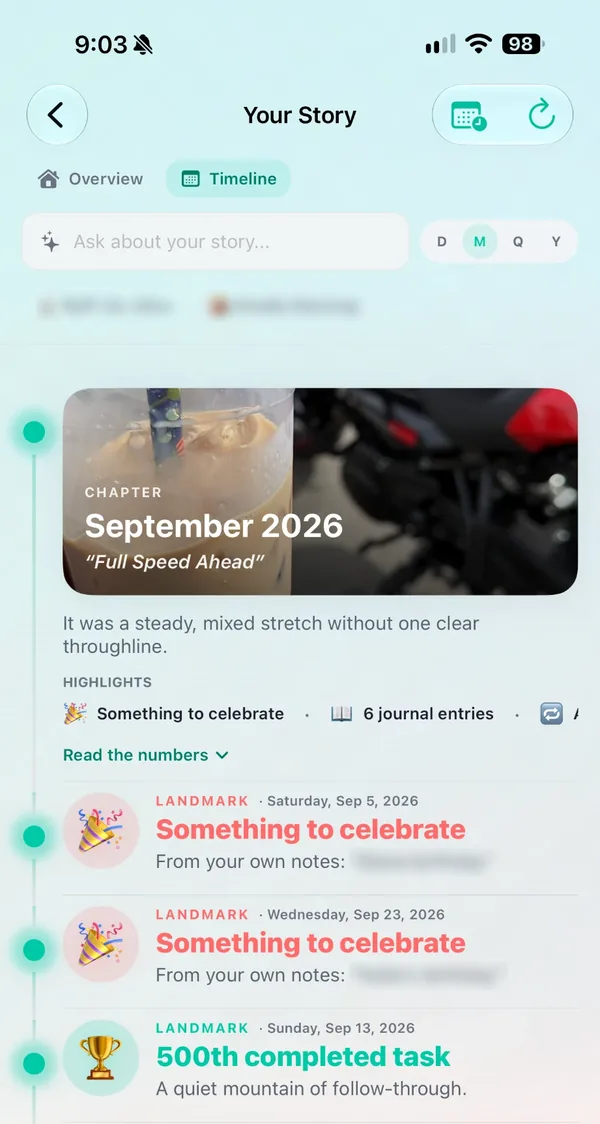 Your Story timeline: the September 2026 chapter titled Full Speed Ahead, with landmark days such as a 500th completed task