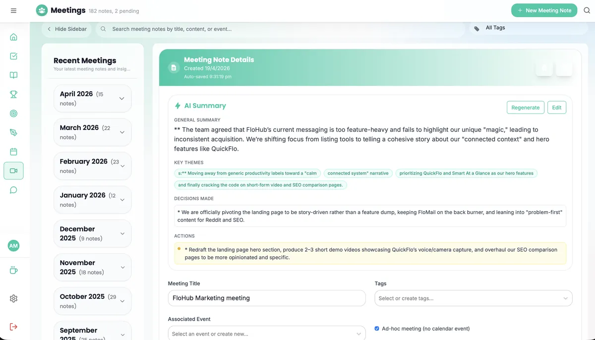 FloHub meeting notes interface showing calendar-linked notes and AI action item extraction