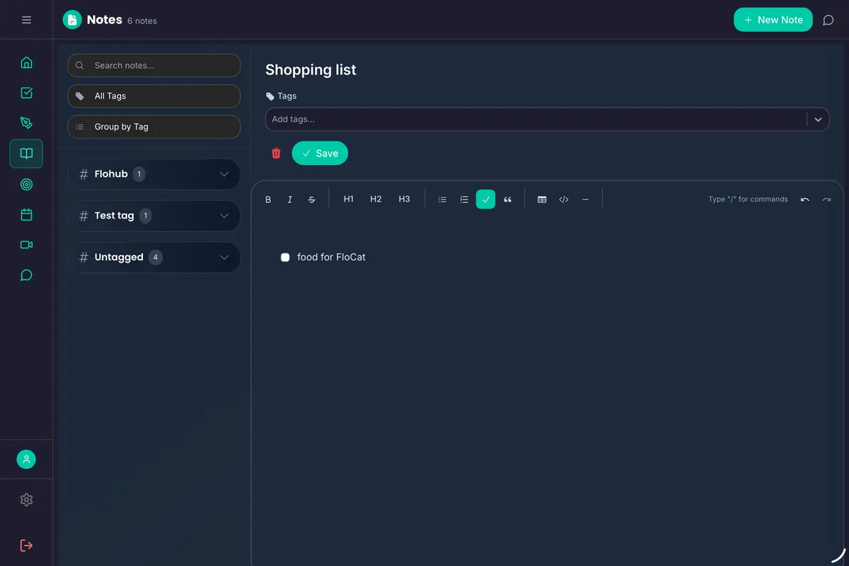 FloHub notes interface showing rich text editor with tags and organized note groups