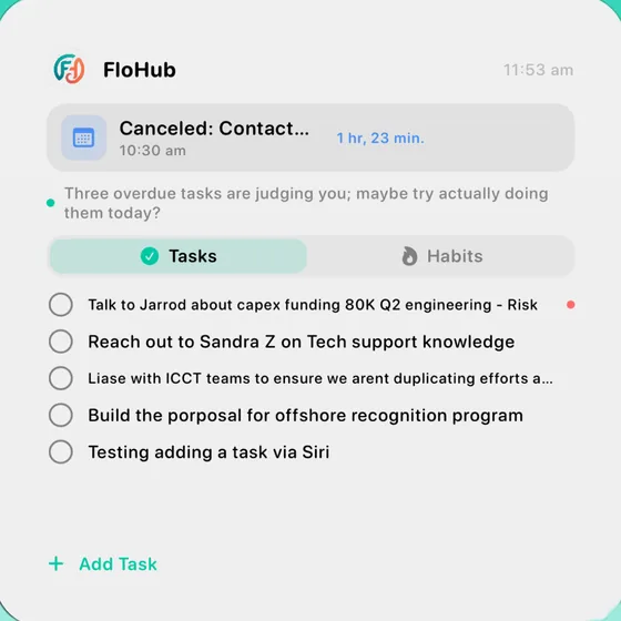 FloHub widget with the next event, a FloCat nudge and today's tasks